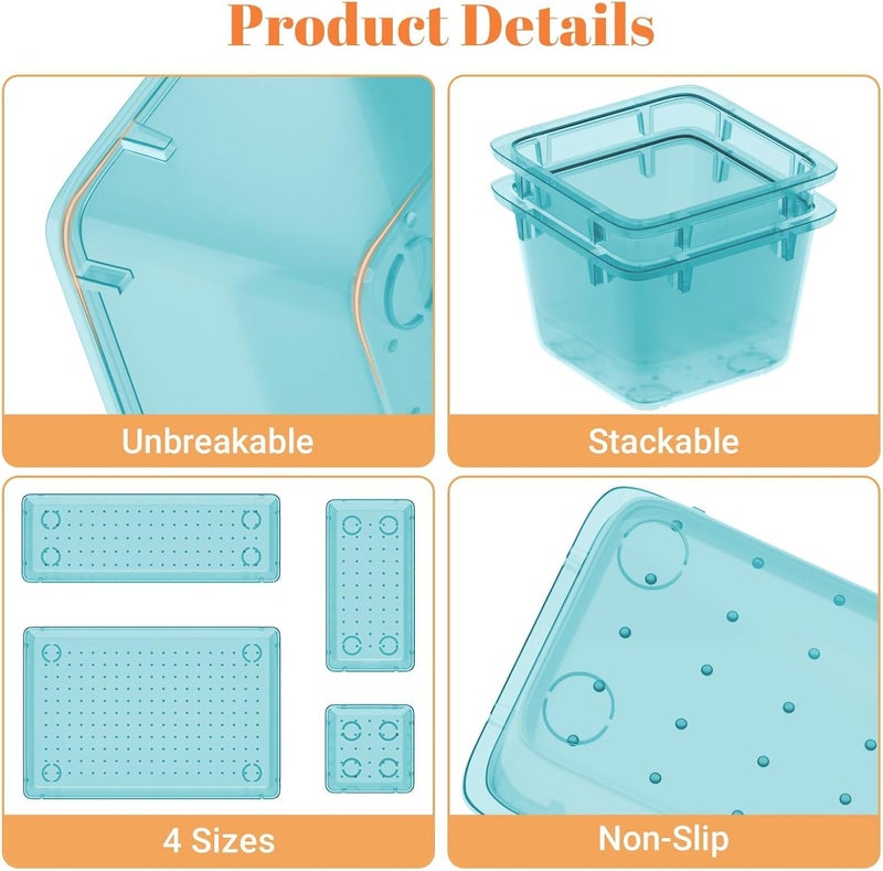 SpaceHacks 15 PCS Clear Plastic Drawer Organizer Set, 4-Size Acrylic Drawer Storage Trays, Storage Bins for Makeup, Gadgets, and Jewelry in Bathroom, Bedroom and Office, Clear Sea Blue - Image 4